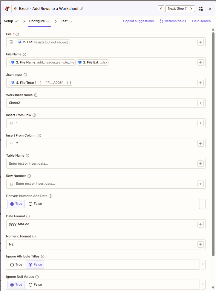 点击放大 PDF4me Excel 向工作表添加行 Zapier 配置第 1 部分 - 文件输入,文件名 add_header_sample_file.xlsx,Json 输入来自步骤 4,工作表名称 Sheet2,从第 1 行插入,从第 2 列插入,表名称,行号